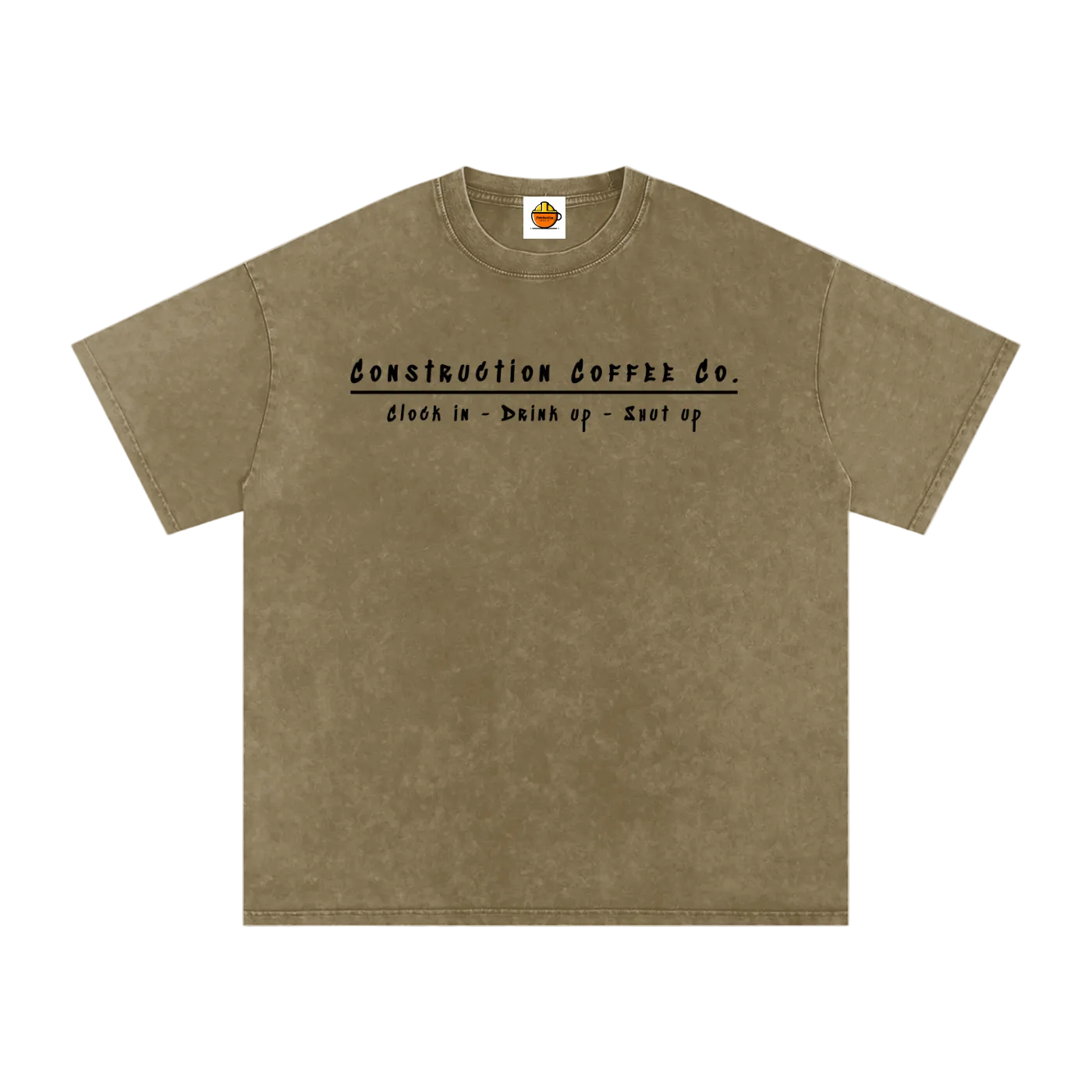 Brown t-shirt with black text on a white background
