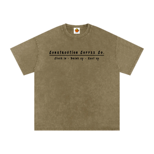 Brown t-shirt with black text on a white background