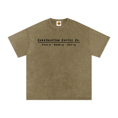 Brown t-shirt with black text on a white background