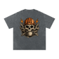 Gray t-shirt with a skull wearing a hard hat and holding a coffee cup design on a white background