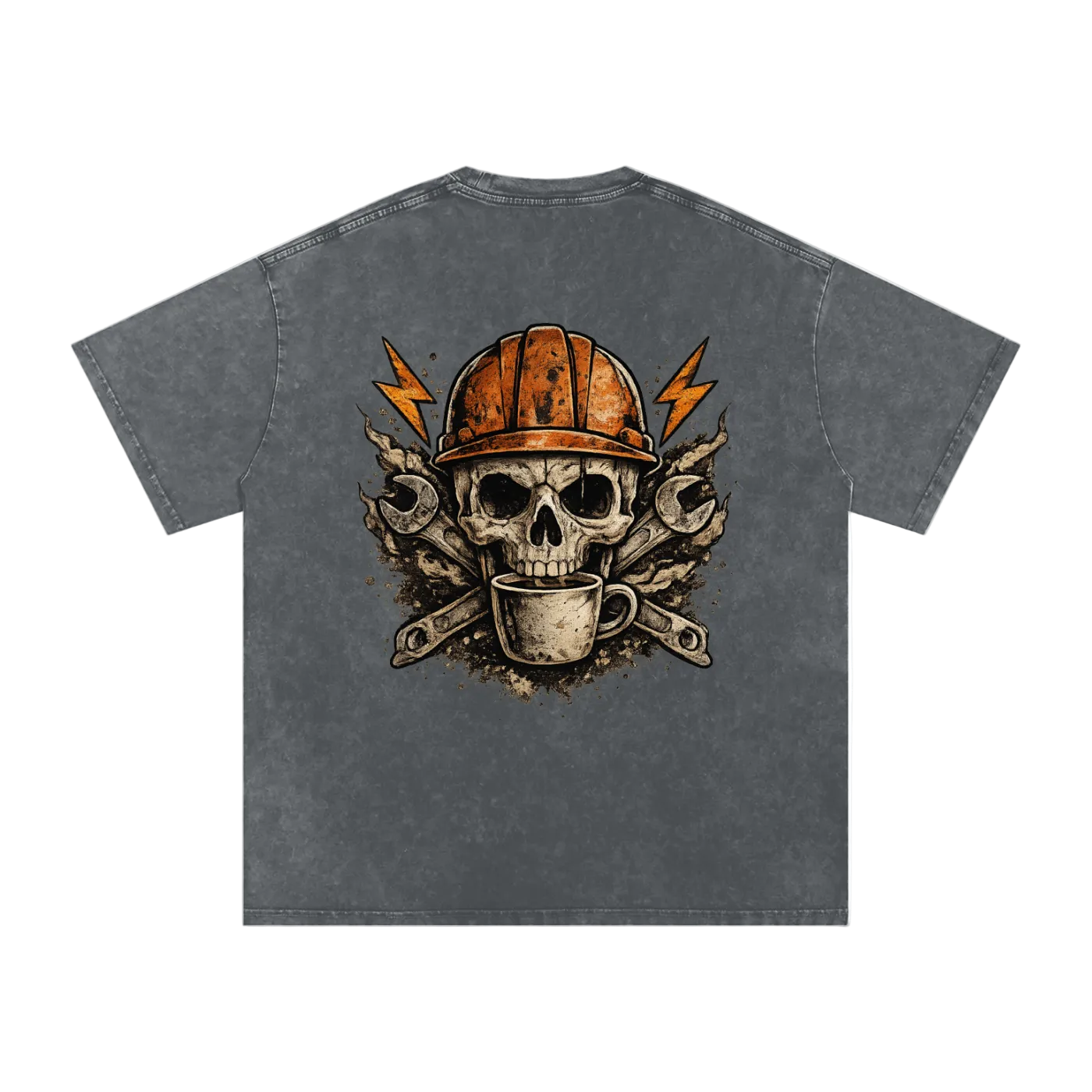 Gray t-shirt with a skull wearing a hard hat and holding a coffee cup design on a white background