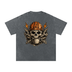 Gray t-shirt with a skull wearing a hard hat and holding a coffee cup design on a white background