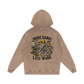 Beige hoodie with graphic design on the back featuring text and illustrations.