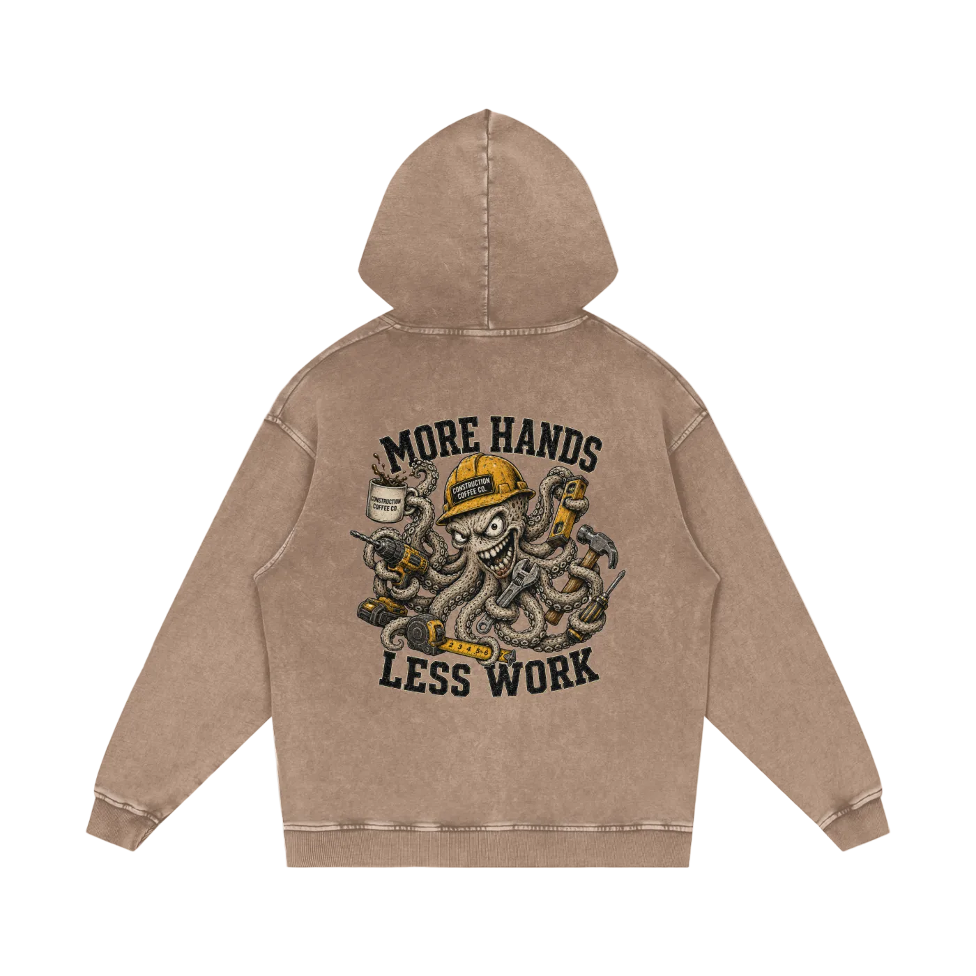 Beige hoodie with graphic design on the back featuring text and illustrations.