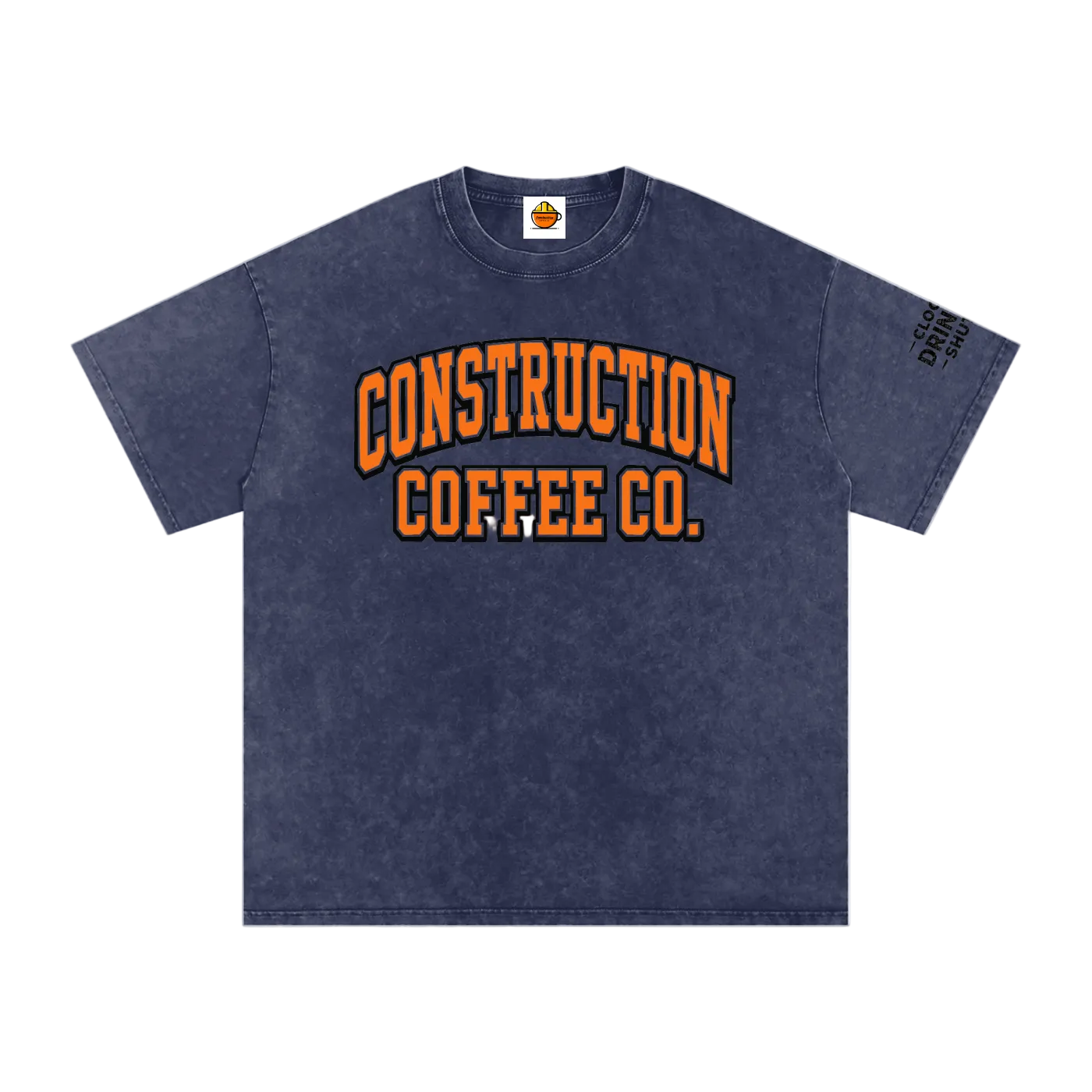 Navy blue t-shirt with 'Construction Coffee Co.' text on a white background