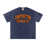 Navy blue t-shirt with 'Construction Coffee Co.' text on a white background