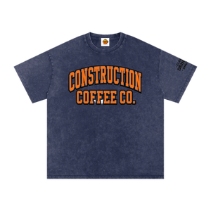 Navy blue t-shirt with 'Construction Coffee Co.' text on a white background