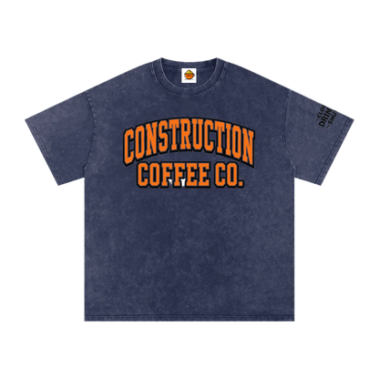 Navy blue t-shirt with 'Construction Coffee Co.' text on a white background