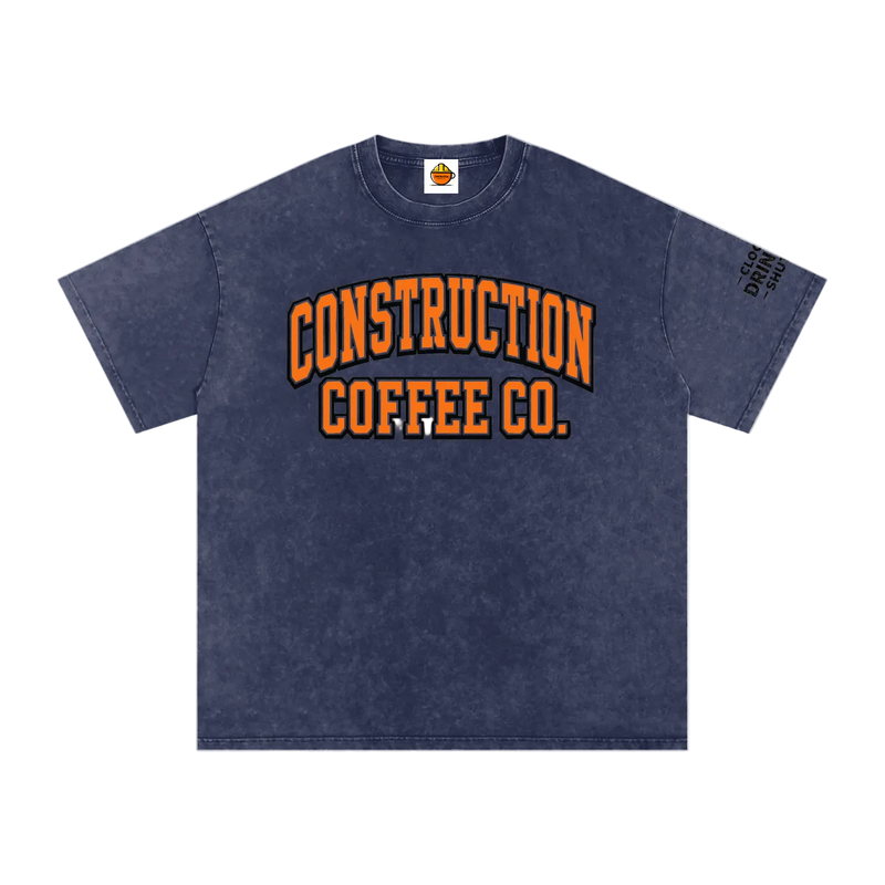 Navy blue t-shirt with 'Construction Coffee Co.' text on a white background