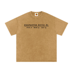 Beige t-shirt with black text on a white background
