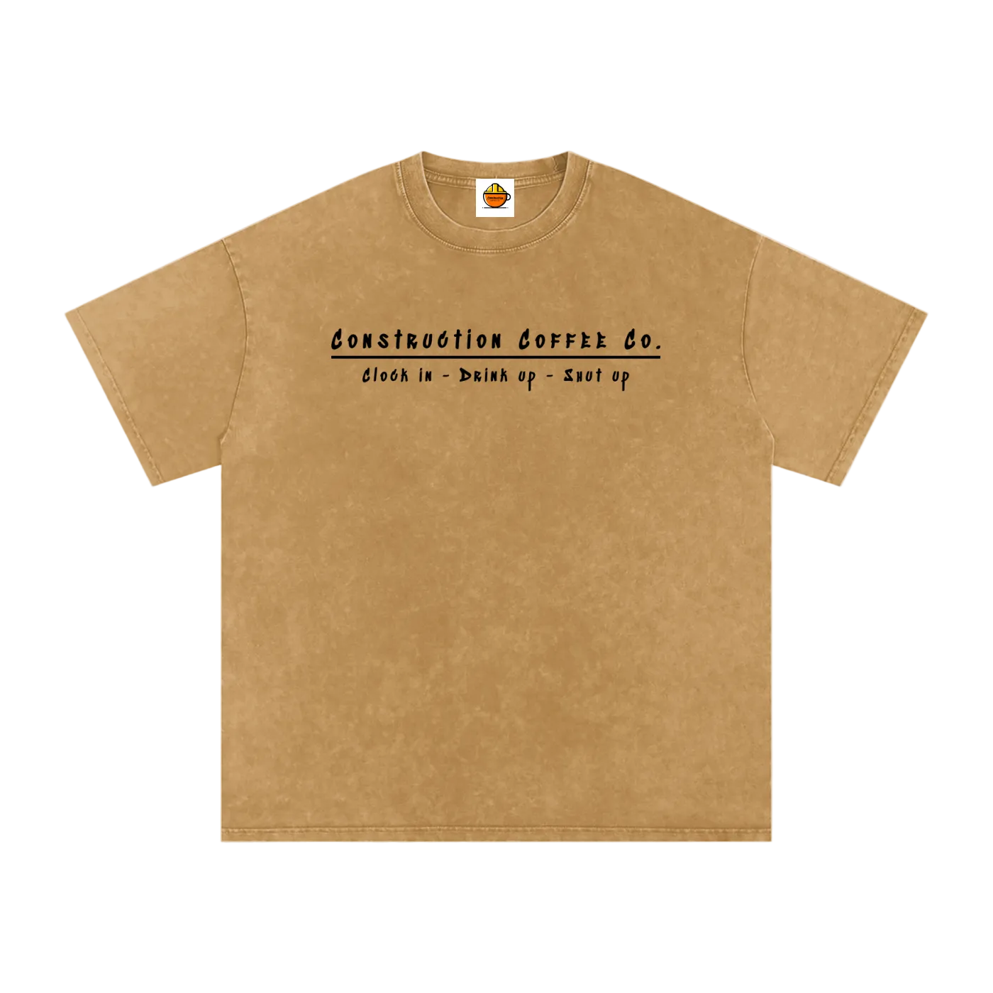 Beige t-shirt with black text on a white background