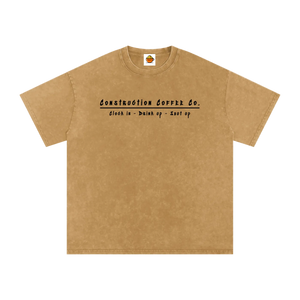 Beige t-shirt with black text on a white background