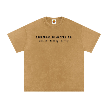 Beige t-shirt with black text on a white background