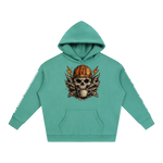 Teal hoodie with skull and hard hat graphic on a white background