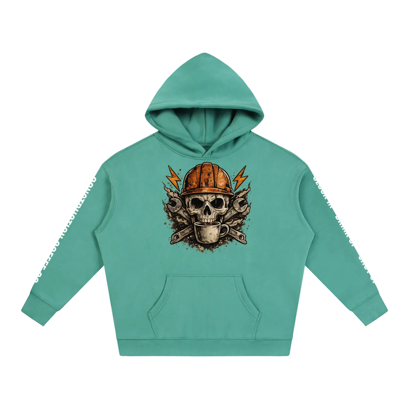 Teal hoodie with skull and hard hat graphic on a white background