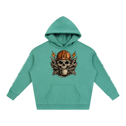 Teal hoodie with skull and hard hat graphic on a white background