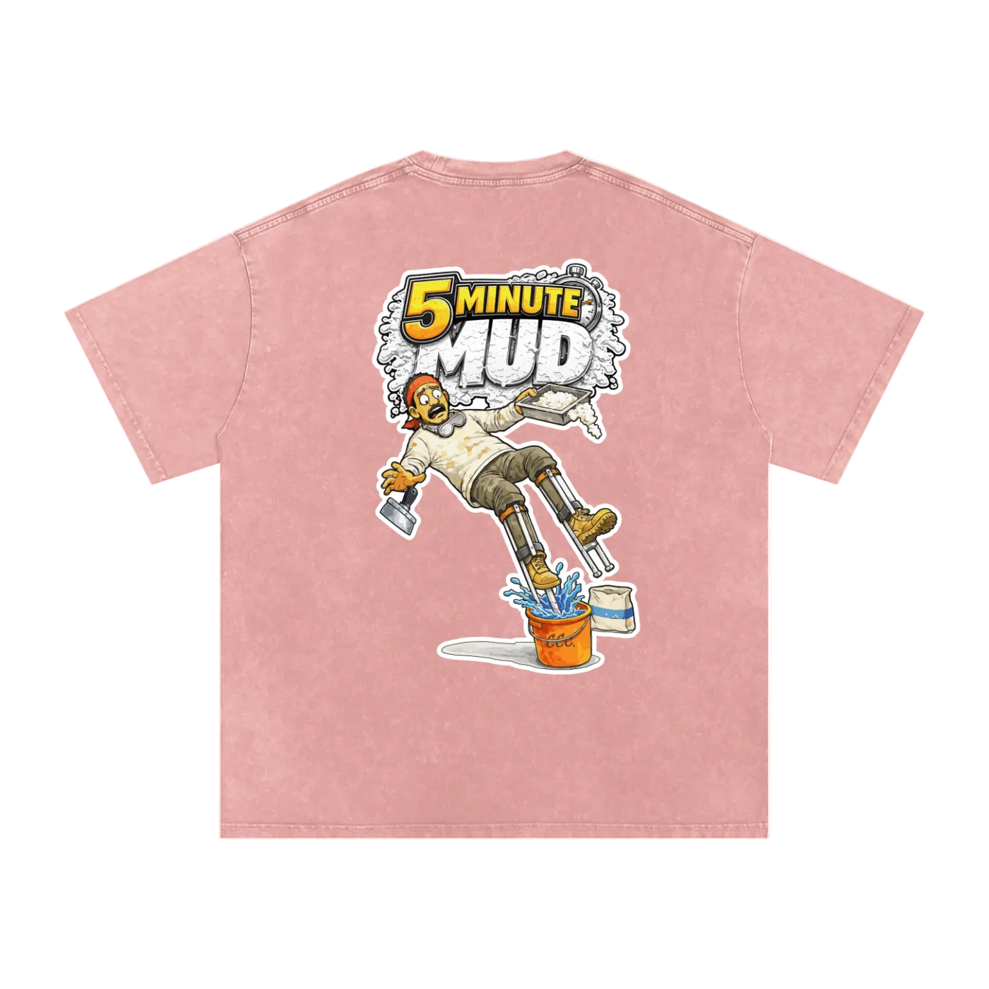 Pink t-shirt with '5 Minute Mud' graphic on the back