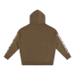 Brown hoodie with white text on sleeves against a white background