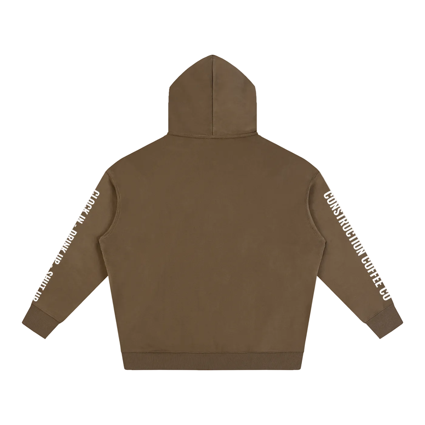 Brown hoodie with white text on sleeves against a white background