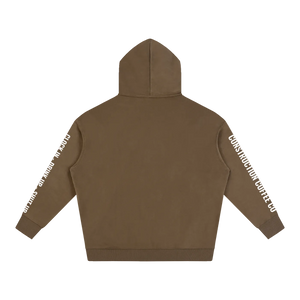 Brown hoodie with white text on sleeves against a white background