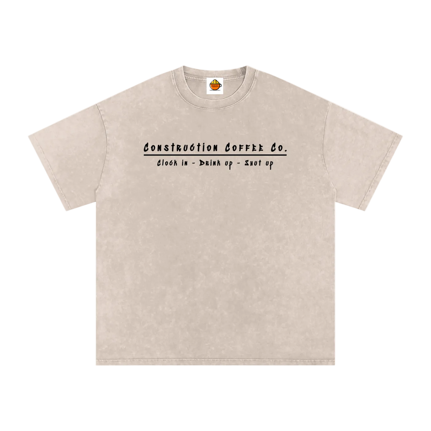 Beige t-shirt with text on a white background
