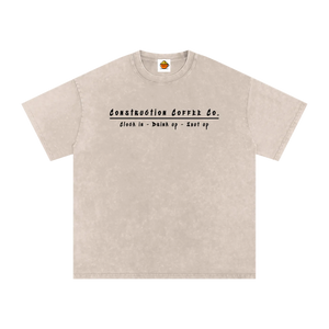 Beige t-shirt with text on a white background