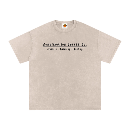Beige t-shirt with text on a white background