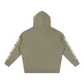 Khaki hoodie with branding on sleeves against a white background