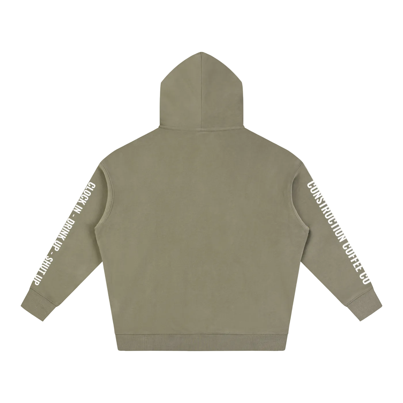 Khaki hoodie with branding on sleeves against a white background