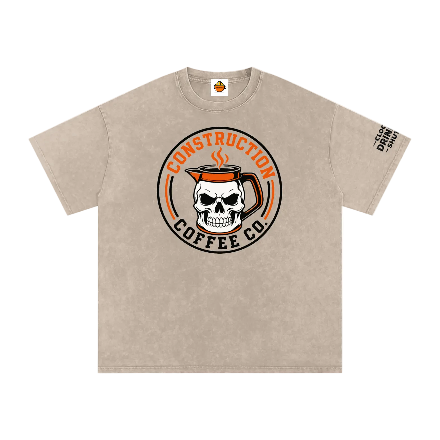 Beige t-shirt with skull and coffee mug graphic on a white background