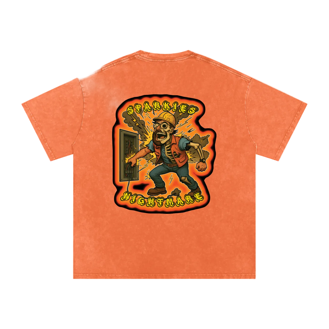Orange t-shirt with graphic design on a white background