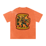 Orange t-shirt with graphic design on a white background