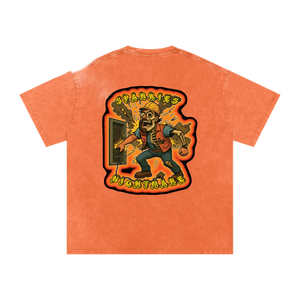 Orange t-shirt with graphic design on a white background