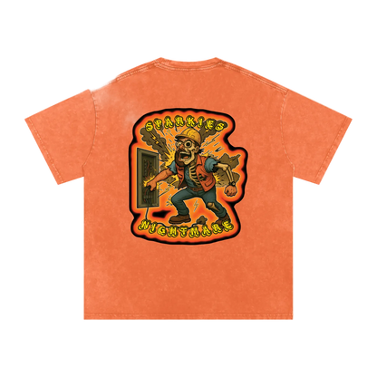 Orange t-shirt with graphic design on a white background