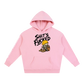 Pink hoodie with graphic design and text on a white background