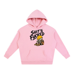 Pink hoodie with graphic design and text on a white background