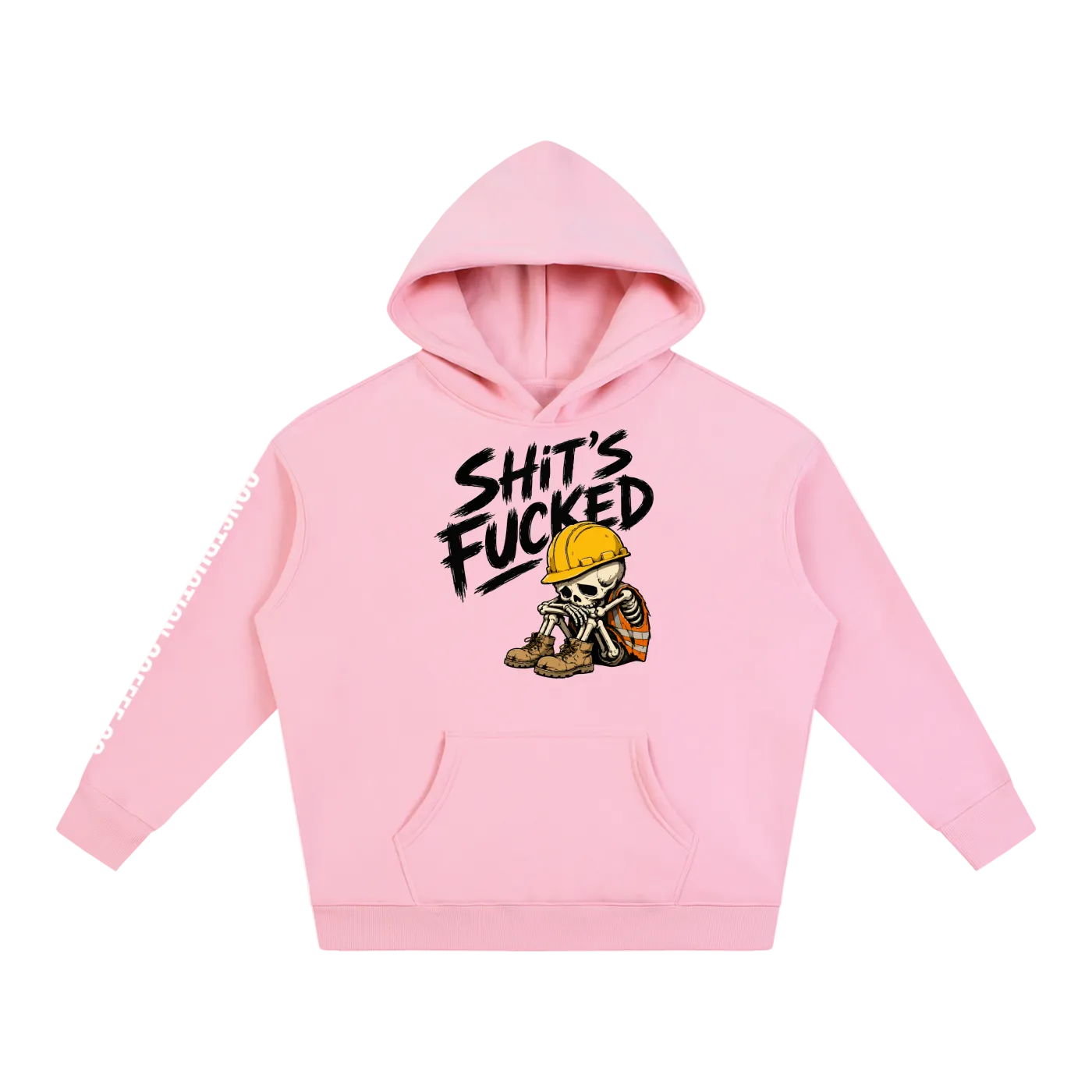 Pink hoodie with graphic design and text on a white background