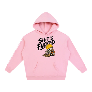 Pink hoodie with graphic design and text on a white background