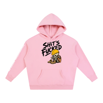 Pink hoodie with graphic design and text on a white background