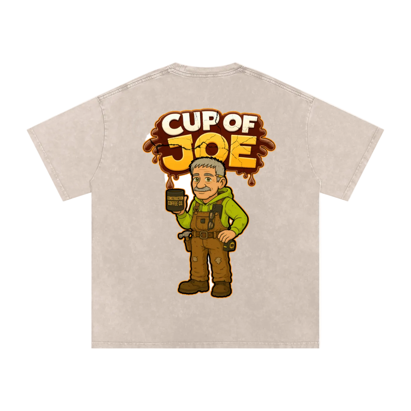Beige t-shirt with 'Cup of Joe' graphic on a white background