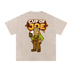 Beige t-shirt with 'Cup of Joe' graphic on a white background