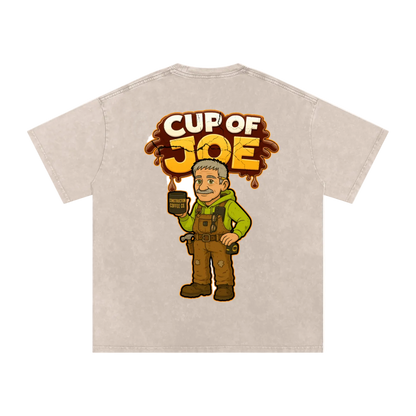 Beige t-shirt with 'Cup of Joe' graphic on a white background