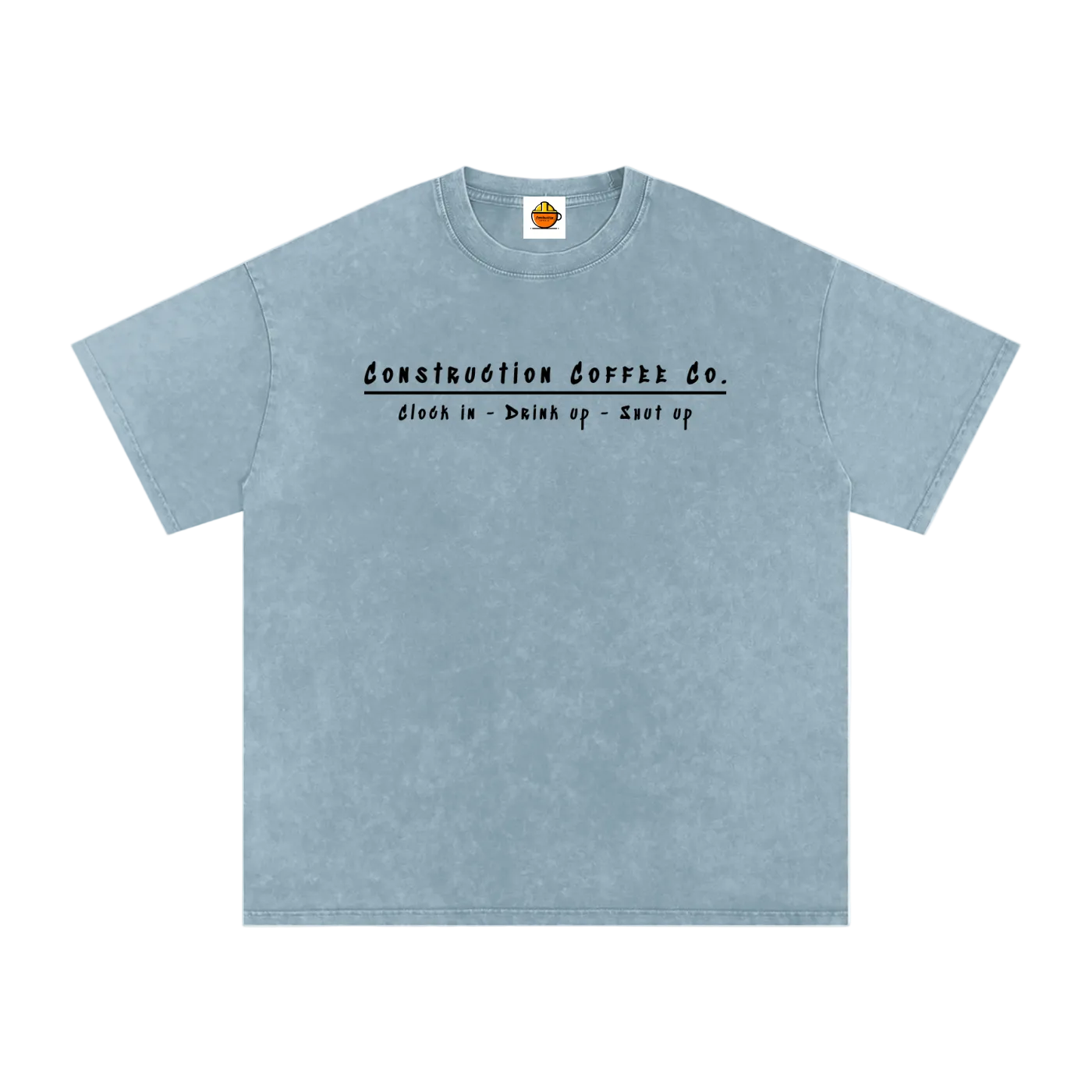 Light blue t-shirt with text on a white background