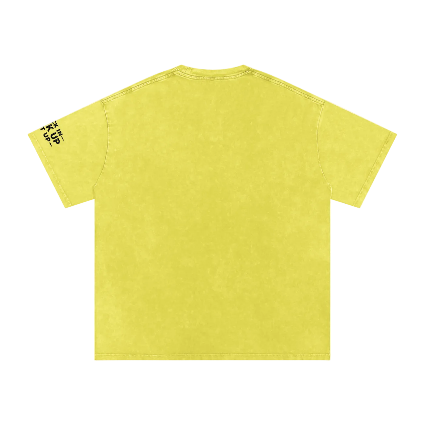 Yellow t-shirt with text on sleeve against a white background