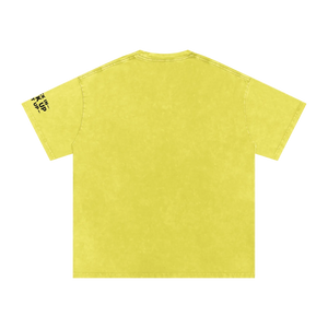 Yellow t-shirt with text on sleeve against a white background