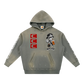Gray hoodie with cartoon character and brand logos on a white background