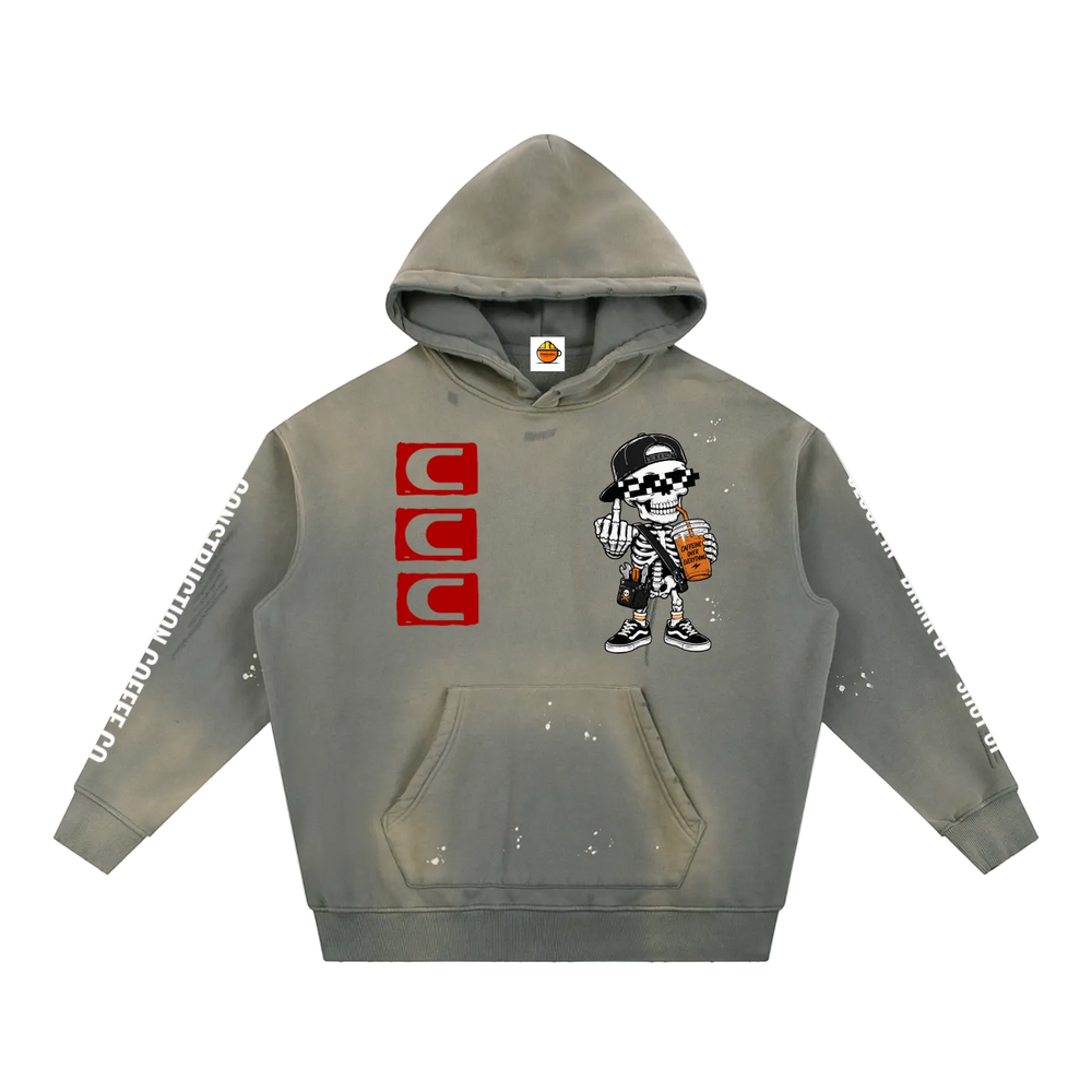 Gray hoodie with cartoon character and brand logos on a white background