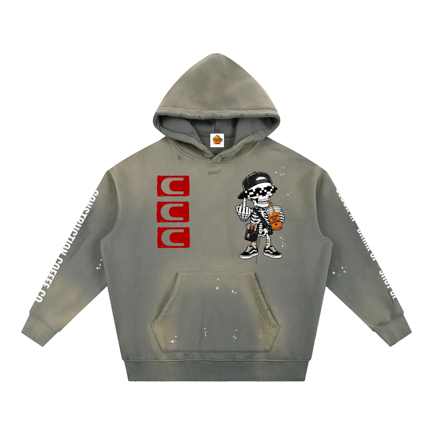 Gray hoodie with cartoon character and brand logos on a white background