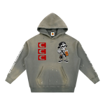 Gray hoodie with cartoon character and brand logos on a white background