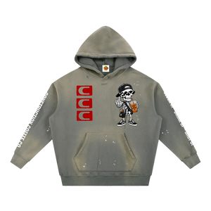Gray hoodie with cartoon character and brand logos on a white background
